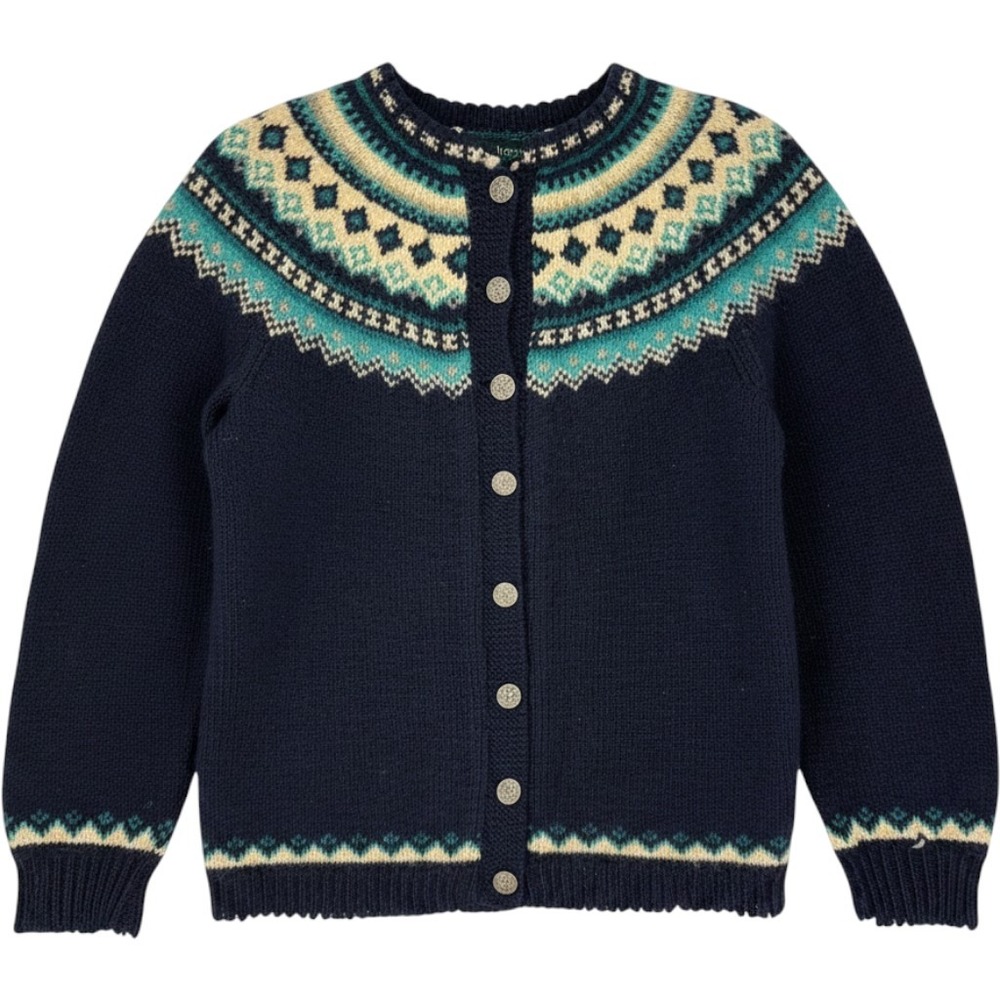 Husfliden Lillehammer Norway 100% Wool Cardigan Sweater M Nordic Fair Isle Blue